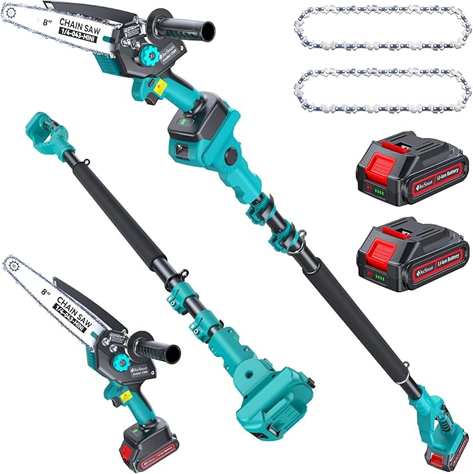 Cordless Pole Saw&8 inch Mini Chainsaw,2-IN-1 Electric Tree Trimmer with 2PCS 2000mAh Rechargeable Batteries,Battery Pole Saws w/Extension Pole for Tree Trimming Wood Cutting,Ideal Gifts for Men Dad