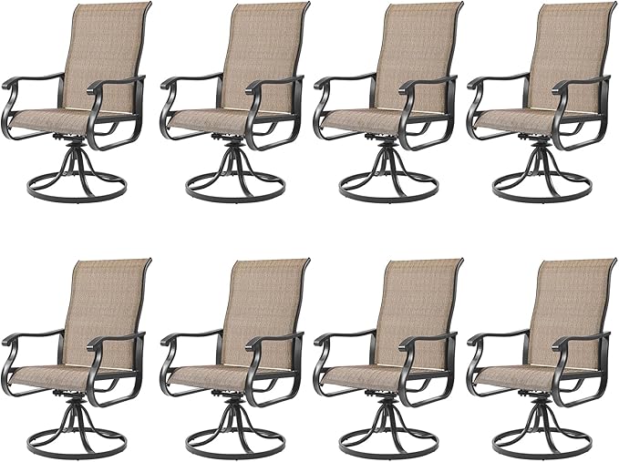 Amopatio Patio Swivel Chairs Set of 8, Outdoor Swivel Rocker Dining Chairs with All Weather Textilene High Back & Metal Frame, for Backyard Deck Lawn Garden, Brown