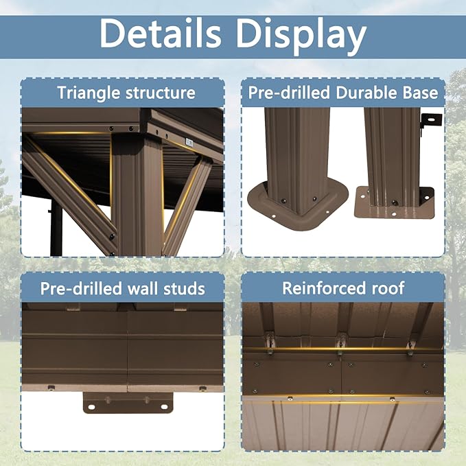 Domi 8’x10’ Wall-Mounted Hardtop Gazebo Pergola – Permanent Lean-to Outdoor Shelter with Sloped Galvanized Steel Roof & Upgraded Drainage – Grey Metal Patio Cover for Backyard, Deck, Garden,Brown