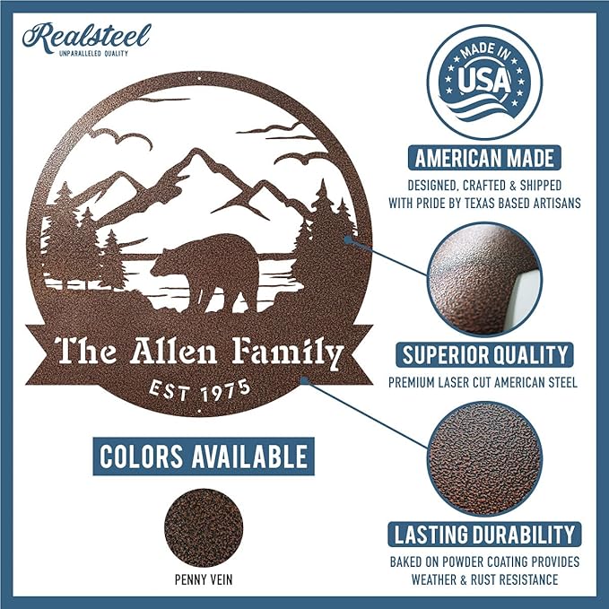 RealSteel Personalized Bear Family Metal Sign - Custom Outdoor Wall Art with Mountain Scene - Circular Design for Porch, Patio, Lawn & Garden Décor - Black, 18"