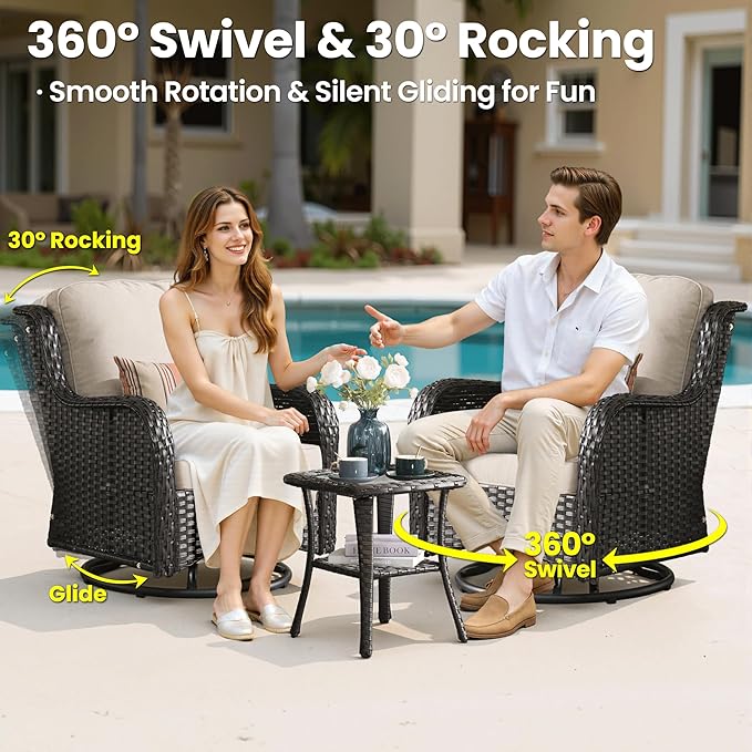 ovios 10 Pieces Patio Furniture Set, Outdoor Wicker Sofa Couch with Swivel Chairs 54" Fire Pit Table, High Back All Weather Modern Conversation Sets, Brown Rattan, Beige