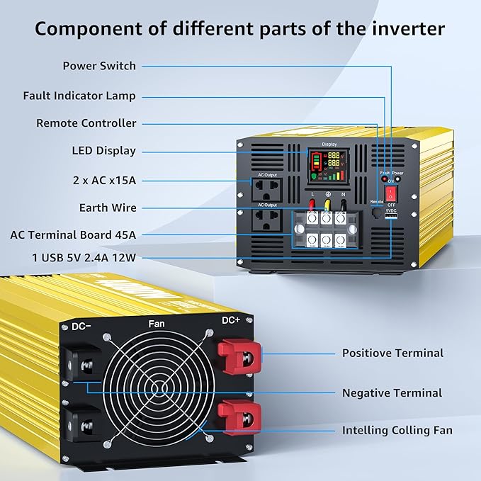 XWJNE 4000W Pure Sine Wave Power Inverter 24V DC to 120V AC Converter with LED Display and Remote Controller for Home, RV, Truck, Off-Grid Solar Power