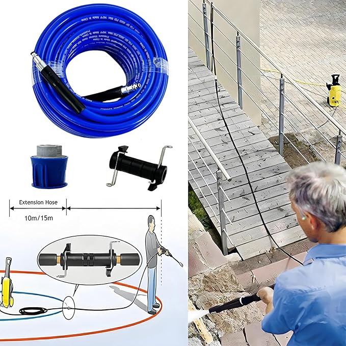 5800PSI/400Bar Ultra Flexible Pressure Washer Hose for Bosch Home Cleaning, 5M-30M High Pressure Extension Tube with Quick-Connect Adapter,(Red/Blue/Yellow/Green/Grey/Orange/Light Blue)(Blue,32FT)