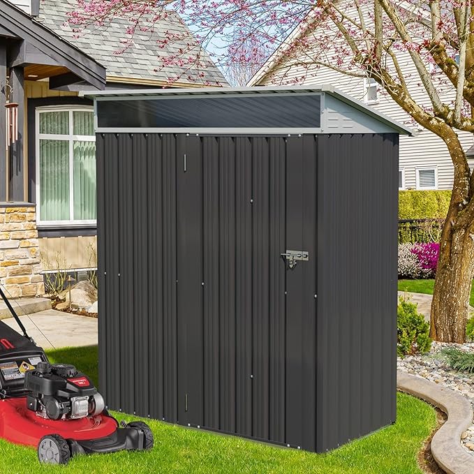 Vongrasig 5 x 3 FT Outdoor Storage Shed, Metal Shed Small Garden Tool Storage Shed with Large Window and Lockable Door for Outside Backyard Patio Lawn (Dark Grey)