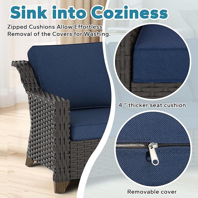 4 Pieces Patio Conversation Furniture Set - 2 Chairs with Ottomans Set of 2, Outdoor Wicker Armchairs with Water-Resistant and Washable Cushions for Porch, Balcony, Sunroom (Navy Blue)