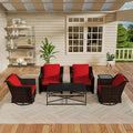Vista Vibe 6 Pieces Outdoor Rattan Patio Conversation Furniture Set - 360 Degree Swivel Glider Rocker Chairs | Coffee Table | 2 Wicker Chairs, Washable Cushions, Terrace, Sunroom (Brown/Red)