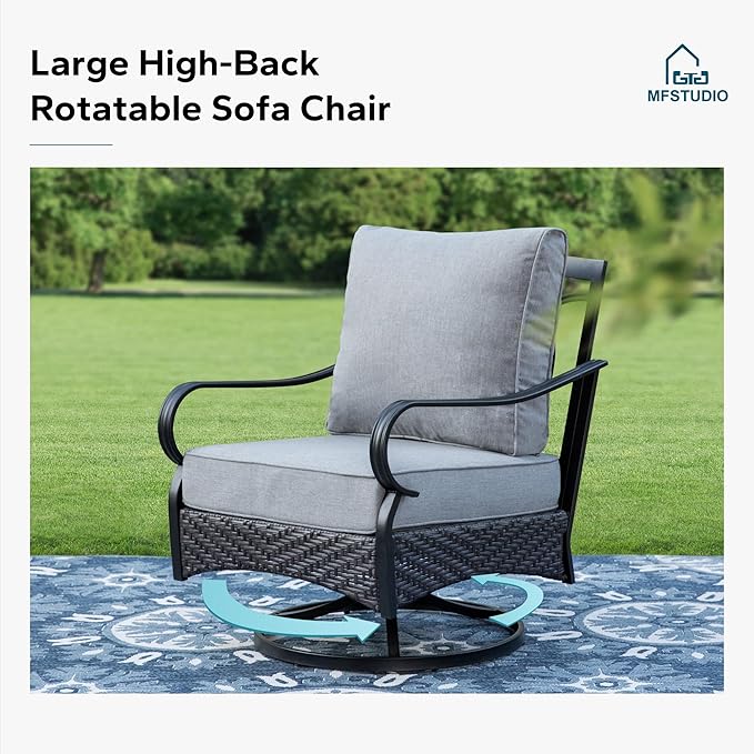 MFSTUDIO 5 Pieces Outdoor Patio Furniture Set, Metal Outdoor Conversation Sofa, Rattan Wicker Patio Sectional Sofa Set with 4 x Swivel Single Sofa, 1 x Fire Pit Table, Grey