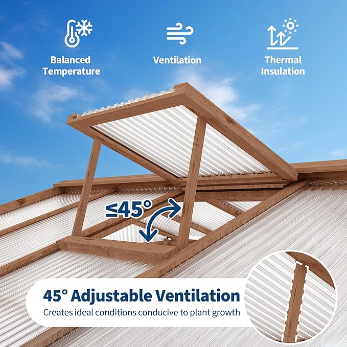 6x10FT Wooden Greenhouse with Cedar Frame, Outdoor Wood Greenhouses with Roof Vent, Wood and Polycarbonate Walk-in Greenhouse