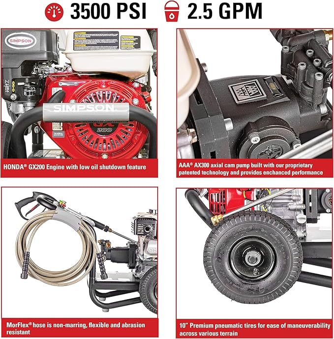 Simpson 61014 3500 PSI at 2.5 GPM Honda GX200 with AAA AX300 Axial Cam Pump Cold Water Professional Gas Pressure Washer PS61002-S