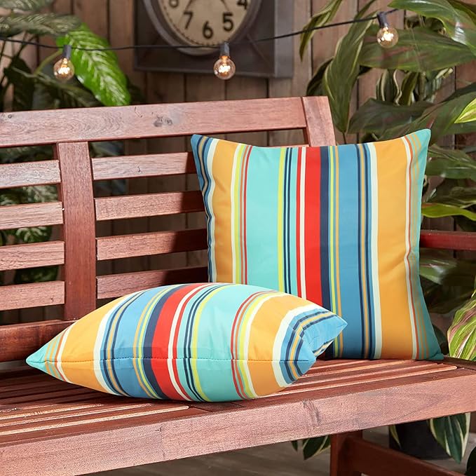Pyonic Set of 2 Outdoor Throw Pillow Covers 16x16 Inch Blue Stripe Waterproof Modern Cushion Case Home Decor for Patio Couch Chair