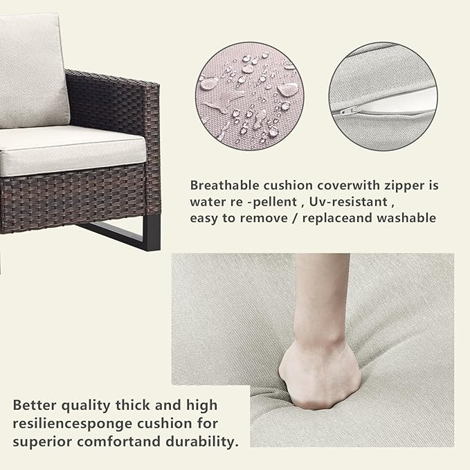 Rilyson Wicker Outdoor Patio Furniture Set - 5 Piece Patio Conversation Set with 2 Wicker Armrest Chairs,2 Rattan Ottoman and 1 Metal Side Table for Outside Porch Deck Backyard Garden(Brown/Beige)