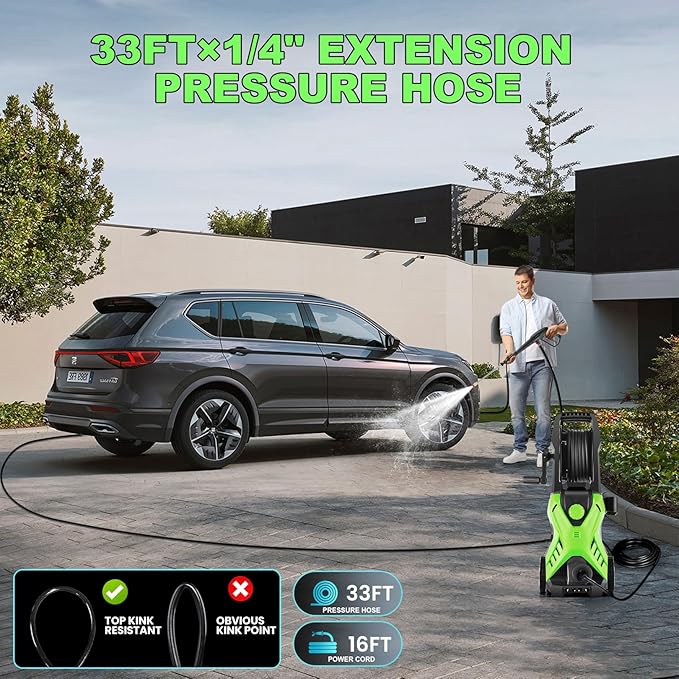 Pressure Cleaner 5000 PSI Power Cleaner with 33FT Hose, 4 Nozzle and 500ML Foam Cannon, Cleaner Machine for Home, Car Washing, Fence Cleaning, Patio, Green Reel
