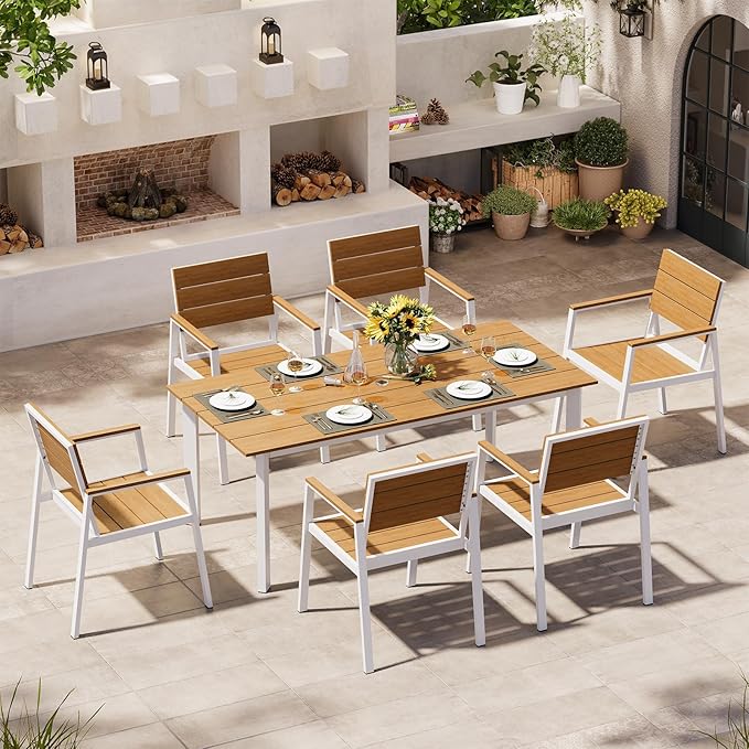 HDPS Outdoor Patio Dining Chairs Set of 2, 350LBS Capacity Aluminum Patio Dining Chairs with Armrests, Weather-Resistant for Lawn, Garden, Yard, Poolside and Indoor Use, White & Teak