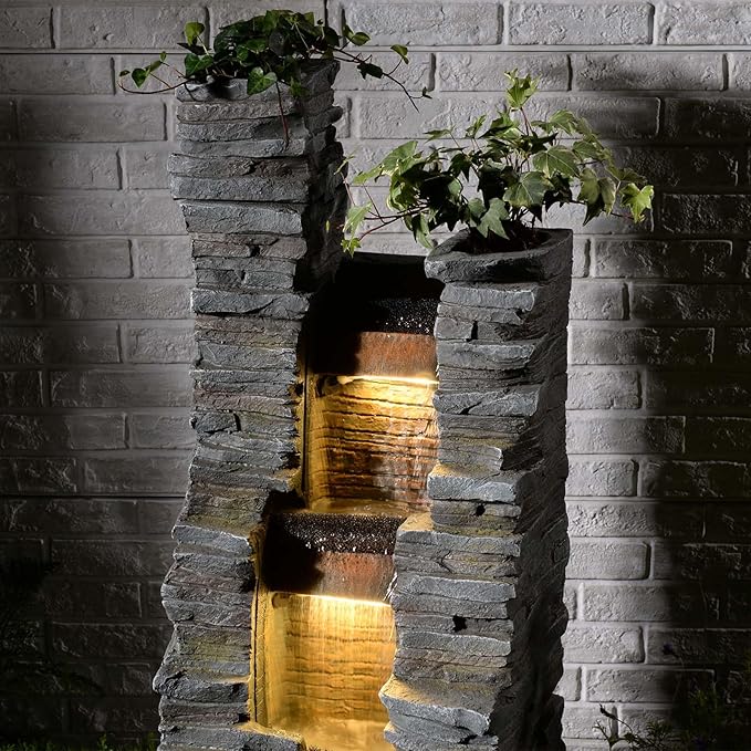 47" H Garden Water Fountain Outdoor with LED Lights & Pump, 3-Tier Cascading Outdoor Fountain for Garden,Patio,Porch,Backyard,Home Art Decor (Gray)