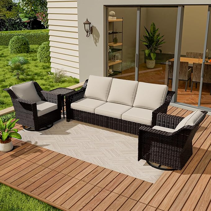 Vista Vibe 4 Pieces Outdoor Patio Conversation Furniture Set - 78" 3-Seat Sofa | 2 Swivel Glider Rocker Chairs | Wicker End Table, Rattan Loveseat, Upholstered Couch, Garden, Deck (Brown/Beige)