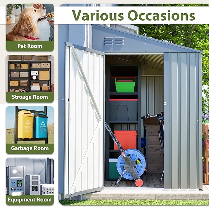 4x7 Ft Outdoor Storage Shed - Heavy Duty Metal Garden Shed, Galvanized Steel with Weather Protection, Lockable Tool & Bike Storage, Space-Saving Lean-to Design for Backyard (Olive Gray)