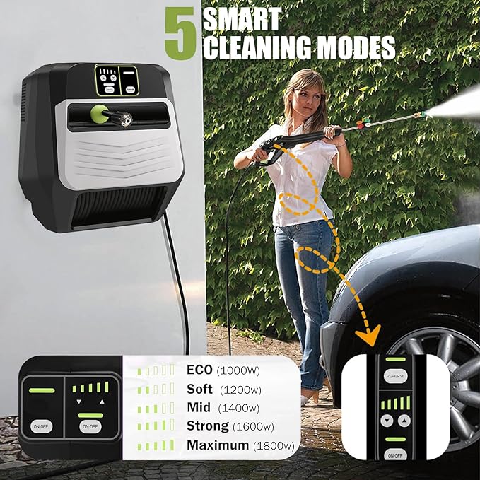 Wall Mounted Pressure Washer - Max 5500 PSI 3.6 GPM, 5 Levers Power Washer with 100FT Retractable Hose for Car/Driveway, Automatic Rewind, Any Length Lock