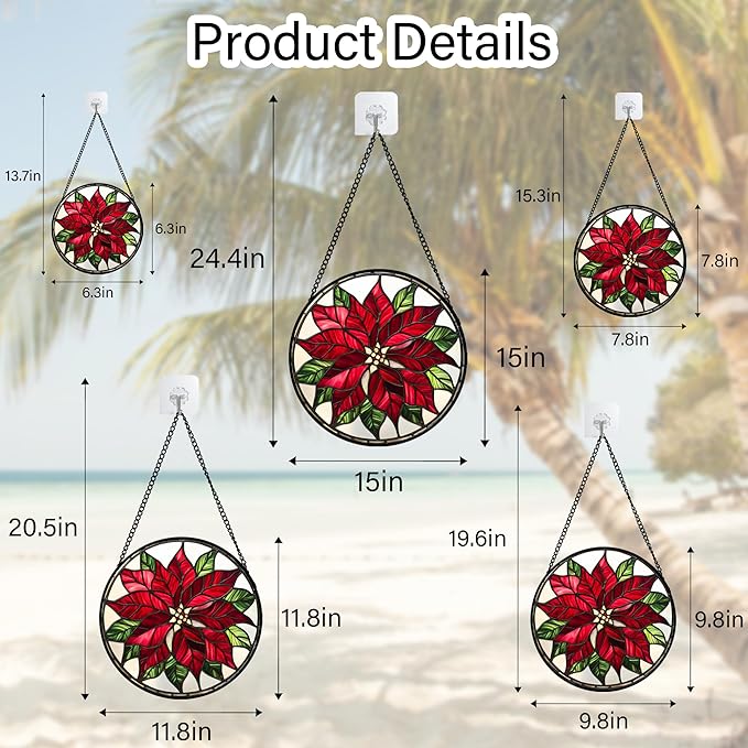 Stained Glass Window Hanging - Red Poinsettia Birth Flower Suncatcher for Door Garden Yard Sun Catchers Decor Christmas Mother's Day Birthday Gifts for Women Mom Nana Friend Men 9.8 in
