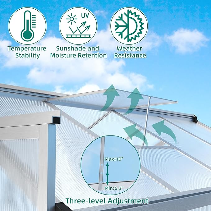 Garvee 6x10 ft Greenhouse - Aluminum Greenhouses for Outdoors, Large Polycarbonate Greenhouse with Roof Vent, Heavy Duty Walk-in Green Houses for Outside Garden, Backyard, Patio, Lawn, Easy Assembly