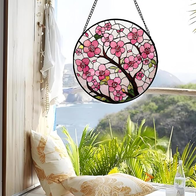 Stained Glass Window Hanging - Cherry Blossoms Birth Flower Suncatcher for Door Garden Patio Sun Catchers Decor Christmas Mother's Day Birthday Gifts for Women Mom Nana Friend Wife 9.8 in