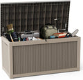 DRATO 320 Gallon Deck Box, Outdoor Large Waterproof Resin Storage Box with Lockable Lid for Patio Cushions, Gardening Tools, Light Brown