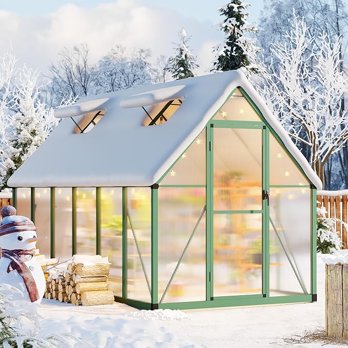 CABIHOME 6x11 FT Outdoor Greenhouse, Polycarbonate Greenhouse with Roof Vent and Ground Nails, Aluminum Large Walk-in Green House w/ Lockable Push Door for Outside Garden Backyard (Green, 6x11 FT)