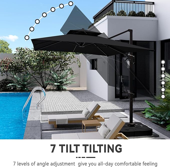 10x13 FT Cantilever Patio Umbrella with Base Included Double Top Outdoor Rectangular Large Heavy Duty Aluminum Offset Umbrellas with 7 Level Tilt 360-degree Rotation for Pool Garden Deck, Black