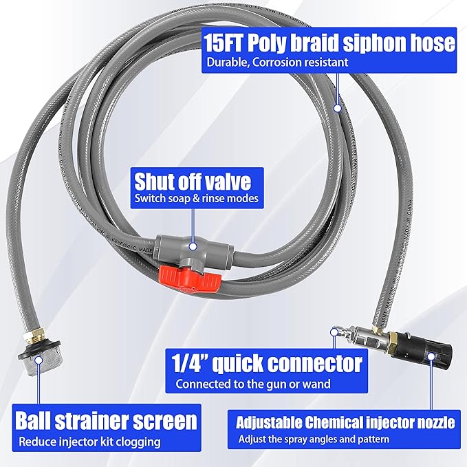Adjustable Long Range Nozzle for Pressure Washer 5-6.5 GPM, Downstream Injection Spray Nozzle Kit, High Power Washing External Chemical Injector with 1/4” Quick Connect, 2500 to 4000 PSI