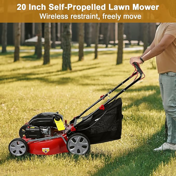 Self Propelled Gas Lawn Mower | 141cc 4-Stroke Gas Engine Lawn Mower | Walk-Behind Lawn Mover Cordless Push Lawn Mowers Tractors with 50L Grass Tank | 20L Grass Catcher, Foldable Design Red