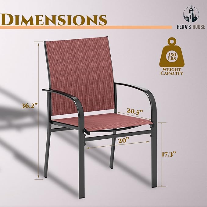 HERA'S HOUSE Patio Dining Chairs Set of 8, 36" Textilene Fabric Outdoor Chair with Wrought Iron Metal Frame Support 350lbs for Lawn Garden Backyard Kitchen, Red