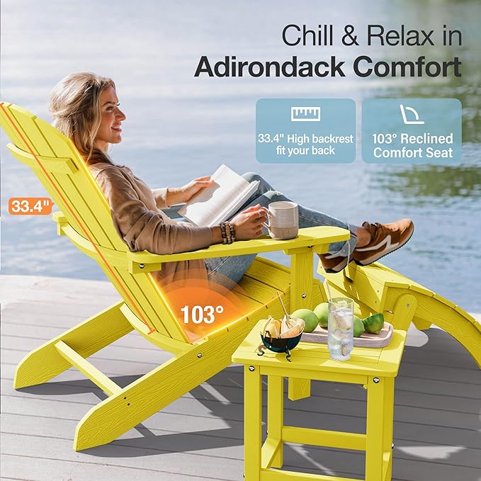 YEFU Adirondack Chairs Set of 8: Plastic Adirondack Chairs - Patio Chairs with Wood Texture - Outdoor Chair HIPS - Lawn Fire Pit Deck Porch Garden Chairs for Adults (Yellow)
