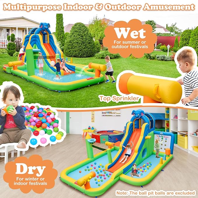 BOUNTECH Inflatable Water Slide, Elephant Surfing Slide Kids Water Park Jump Bouncy Castle w/2 Splash Pools, Hide & Seek Cave, GFCI Blower, Water Slides Inflatables for Big Kids Outdoor Backyard Gifts