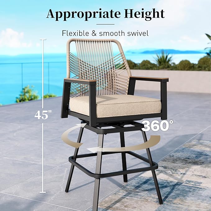 Outdoor Swivel Bar Stools Set of 4, Rattan High Top Patio Chairs with Waterproof Cushion and Armrest, All-Weather Bar Height Furniture for Outside Patio Balcony and Pool, Beige