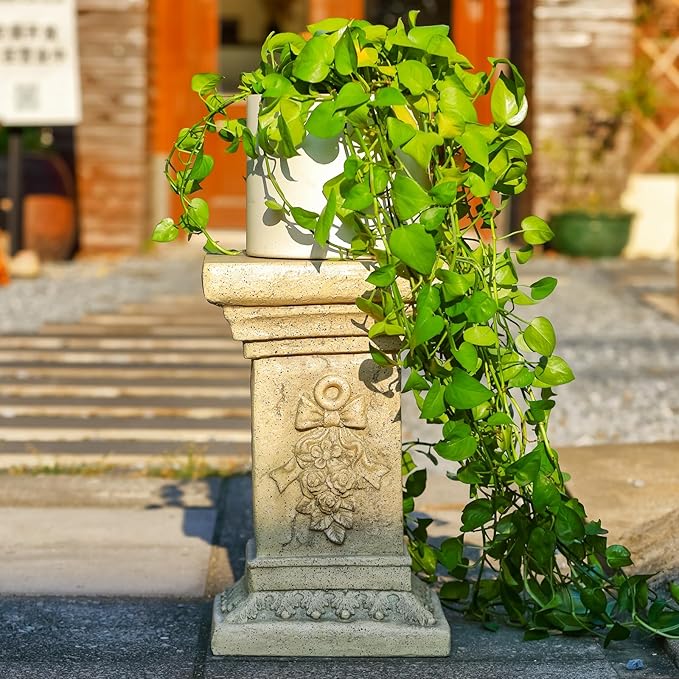 19" Tall Garden Pedestal Stand with Bow Design, Heavy Duty Magnesium Oxide Plinth, Weatherproof Outdoor Pedestal for Sculptures, Flower Pots, Decor – Sturdiness Plinth Base Statue Riser