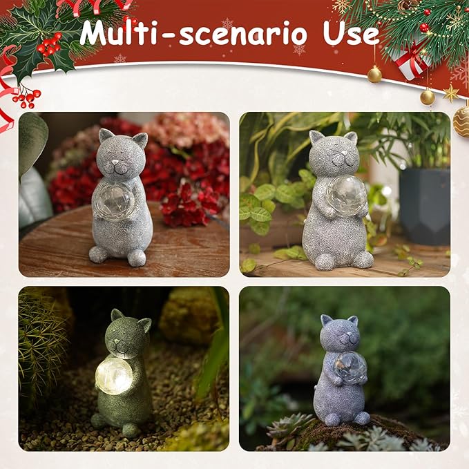 Solar Cat Statue Garden Decor - Cat Lover Gifts, with Gazing Solar LED Lights Ball Cats Decoration for Garden Yard Patio Lawn Balcony - Gifts for Mom Grandma (Gray)
