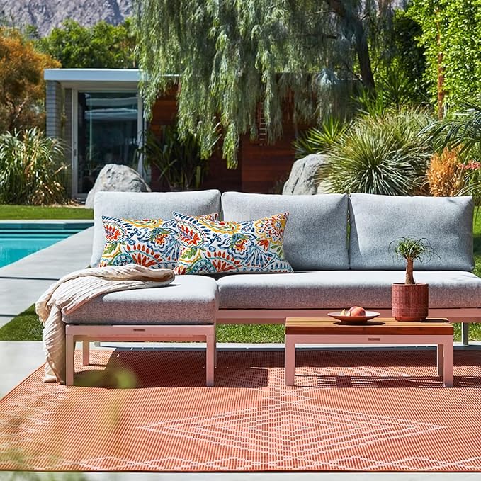 LVTXIII Set of 2 Outdoor Lumbar Pillows for Patio Furniture with White Piping, 12"x20" Fade Resistant Patio Lumbar Pillows with Inserts for Home Coach Sofa Use, Paisley Multi