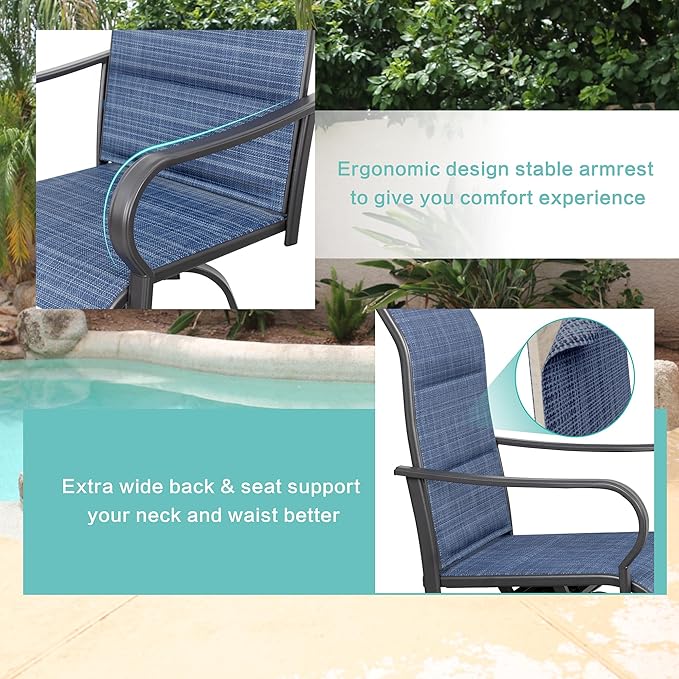 Vongrasig 4 Piece Outdoor Patio Swivel Bar Chairs, All Weather Padded Sling Textile High Top Bar Stools, Bistro Set for Backyard, Lawn Garden, Balcony, Padded Blue