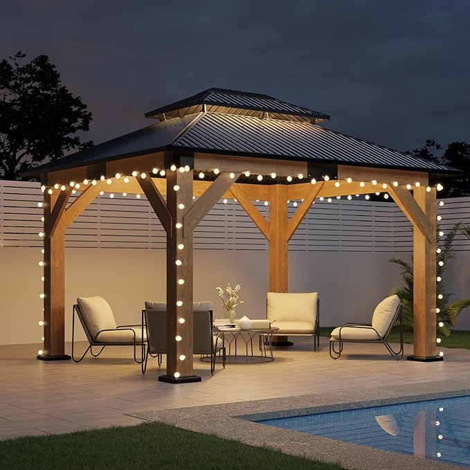 AMERLIFE 10x12 Wood Gazebo, Hardtop Gazebo with Spruce Frame and Aluminum Double Roof, Outdoor Pergola for Parties, Backyard, Patio, Lawns, Black + Natura Wood