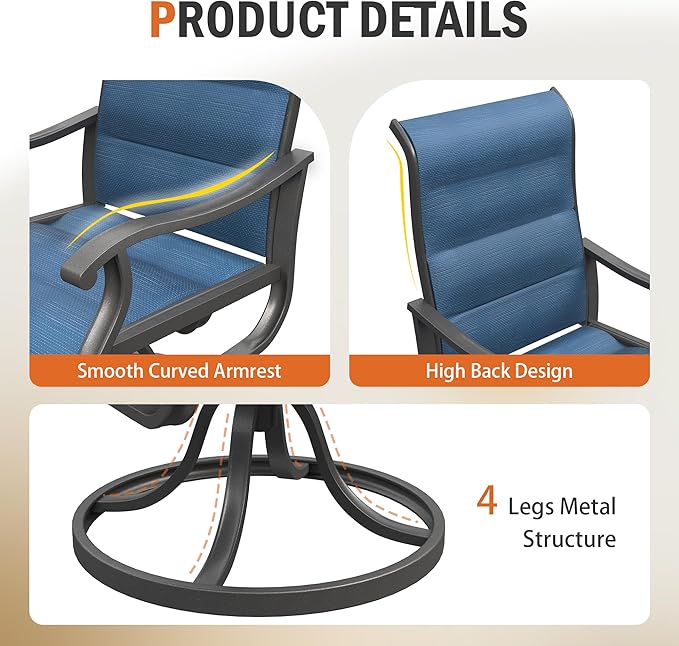 UDPATIO Patio Swivel Dining Chairs Set of 4, Outdoor Dining Chairs High Back with Padded All Weather Breathable Textilene, Metal Rocking Frame for Lawn Garden Backyard, Navy