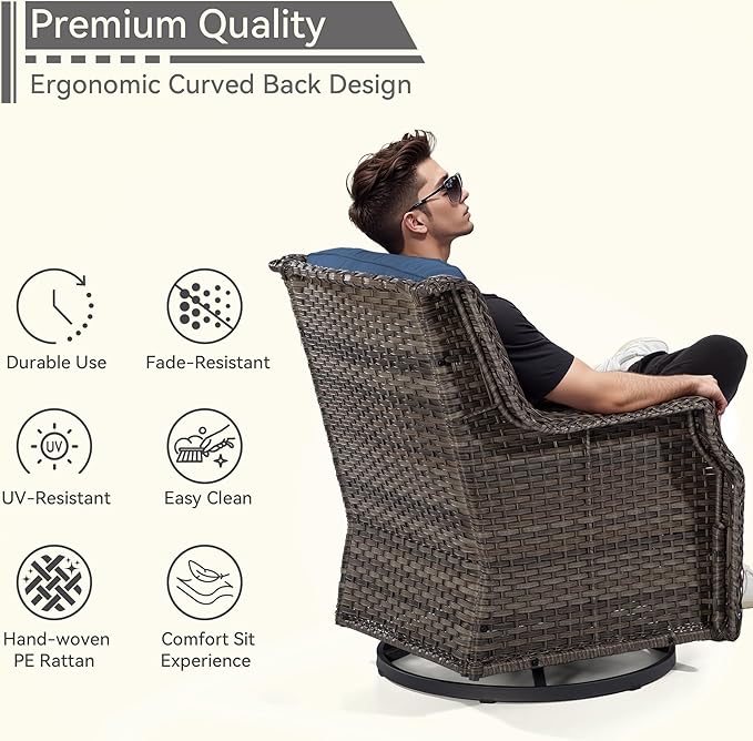 Swivel Patio Chair Outdoors - 360 Degree, Set of 2, Glider Chair with 3.5" Olefin Fabric Cushions (Mixed Grey Rattan/Navy)