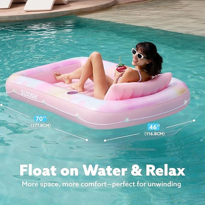 SLOOSH Inflatable Tanning Pool Lounger Float, 70" x 46" Pool Floats Adult with Pillow, 4 in 1 Suntan Tub Raft Floatie,Sunbathing Bed Lounge for Water Blow Up Ball Pit Party Gifts