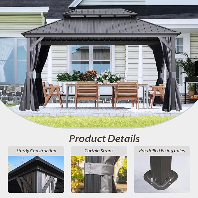 Domi 12’ X 14’ Hardtop Gazebo Canopy with Netting & Curtains, Outdoor Metal Gazebo with Galvanized Steel Double Roof for Patio Lawn and Garden, Gray