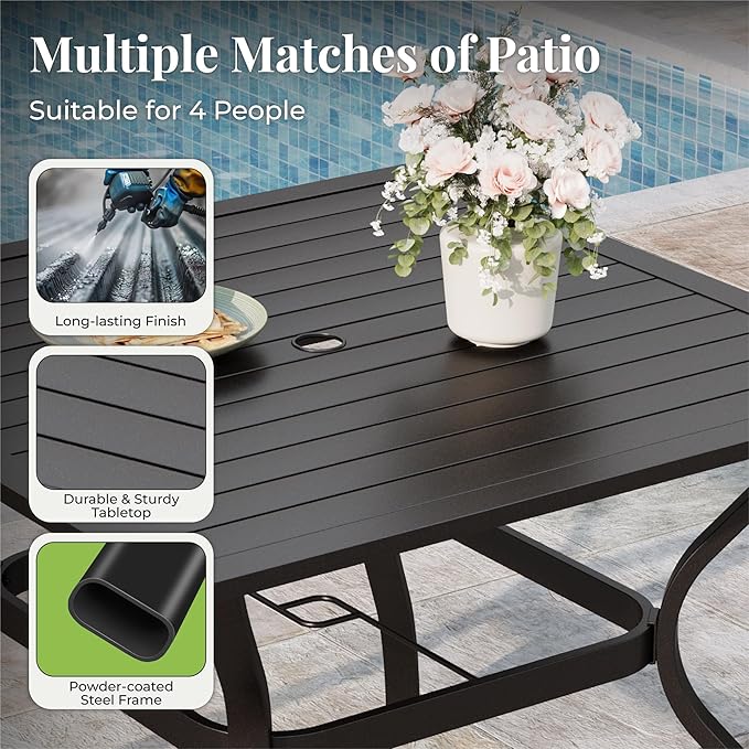 5 Pieces Patio Table and Chairs Set, 4 Person Outdoor Dining Furniture Set, 4 Blue Textilene Chairs and 37" Square Metal Table with Umbrella Hole, for Deck Backyard Lawn