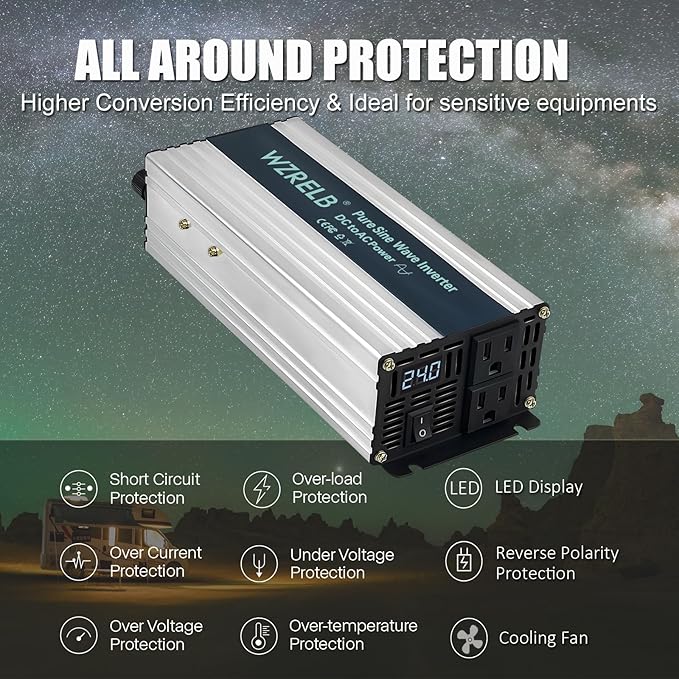 WZRELB 600W Pure Sine Wave Inverter 24V DC to 110V 120V AC Power Converter with LED Display, Off-Grid Portable Power Inverter with 2 AC Outlets for Home, RV, Truck, Camping