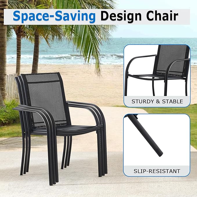 Outdoor Dining Chairs Set of 8, Stackable Patio Chairs with Textilene Fabric, Lightweight Garden Chairs for Poolside, Backyard, Camping, Black