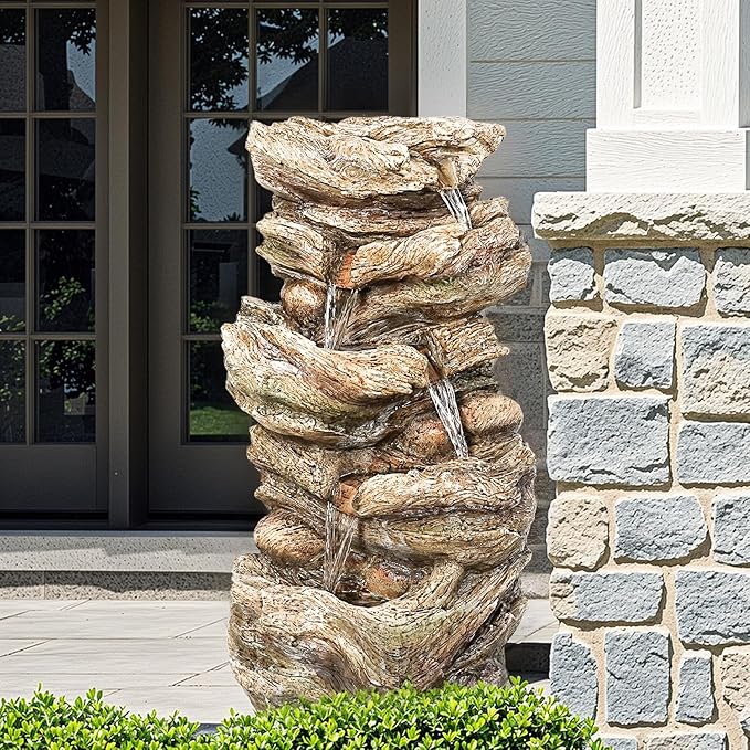 32" High Outdoor Water Fountain, 5-Tiers Cascading Rock Waterfall with LED Lights for Garden, Patio, Yard Decor, Soothing Tranquility for Any Outdoor Living Space