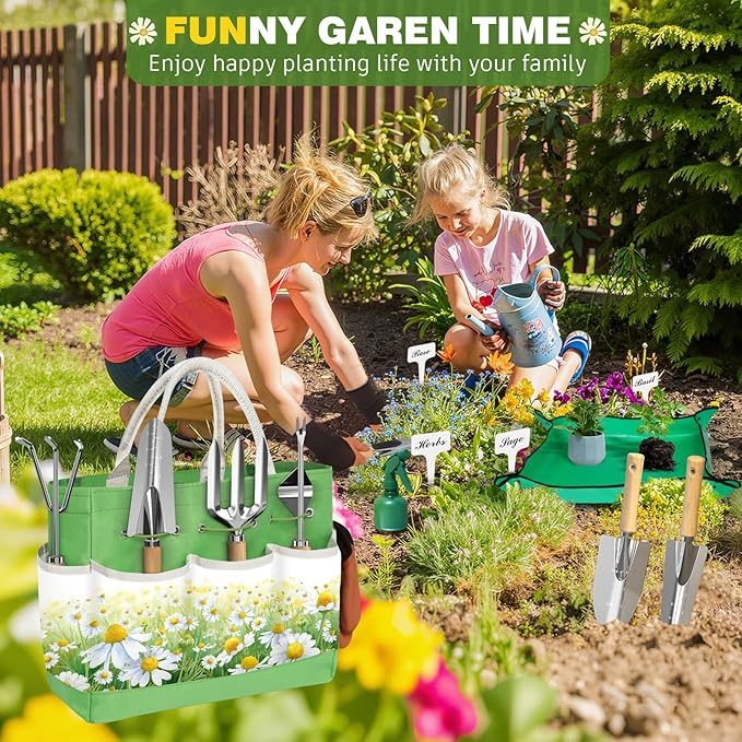 22Pcs Garden Tools Set for Women,Heavy Duty Hand Tool Kit with Large Tote Bag/Repotting Mat/Trowel/Rake/Pruner/Gloves/Plant Tags,Gardening Gifts for Mom Gardener Beginner-Green