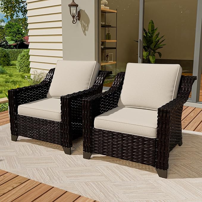Vista Vibe 2 Pieces Outdoor Armchairs, Patio Conversation Furniture Set, Washable Cushions, Luxurious Hand-Woven PE Rattan, Garden, Bistro, Deck, Backyard (Brown/Beige)