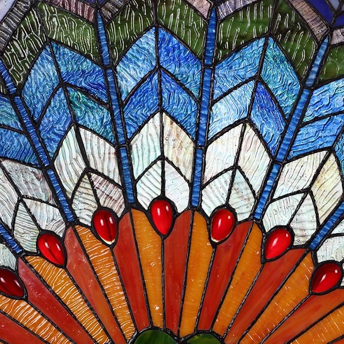 Bieye W10034 Peacock Feather Tiffany Style Stained Glass Window Panel Hangings with Chain, 36 inches Wide Half Round Shape
