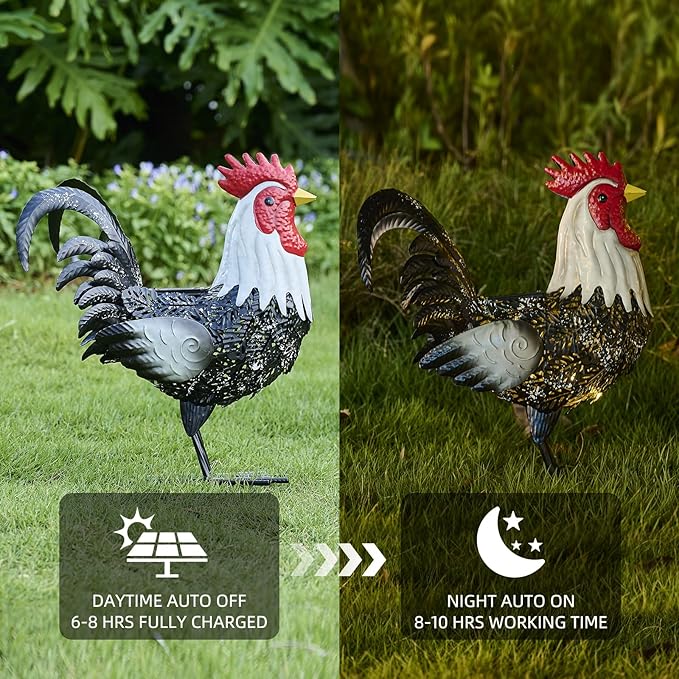 Metal Rooster Statue Yard Decor - 15" Solar Light Metal Yard Art Standing Chicken Statue Garden Decoration, Large Animal Sculpture Chicken Themed Gift for Outdoor Porch Patio Backyard Lawn Ornament